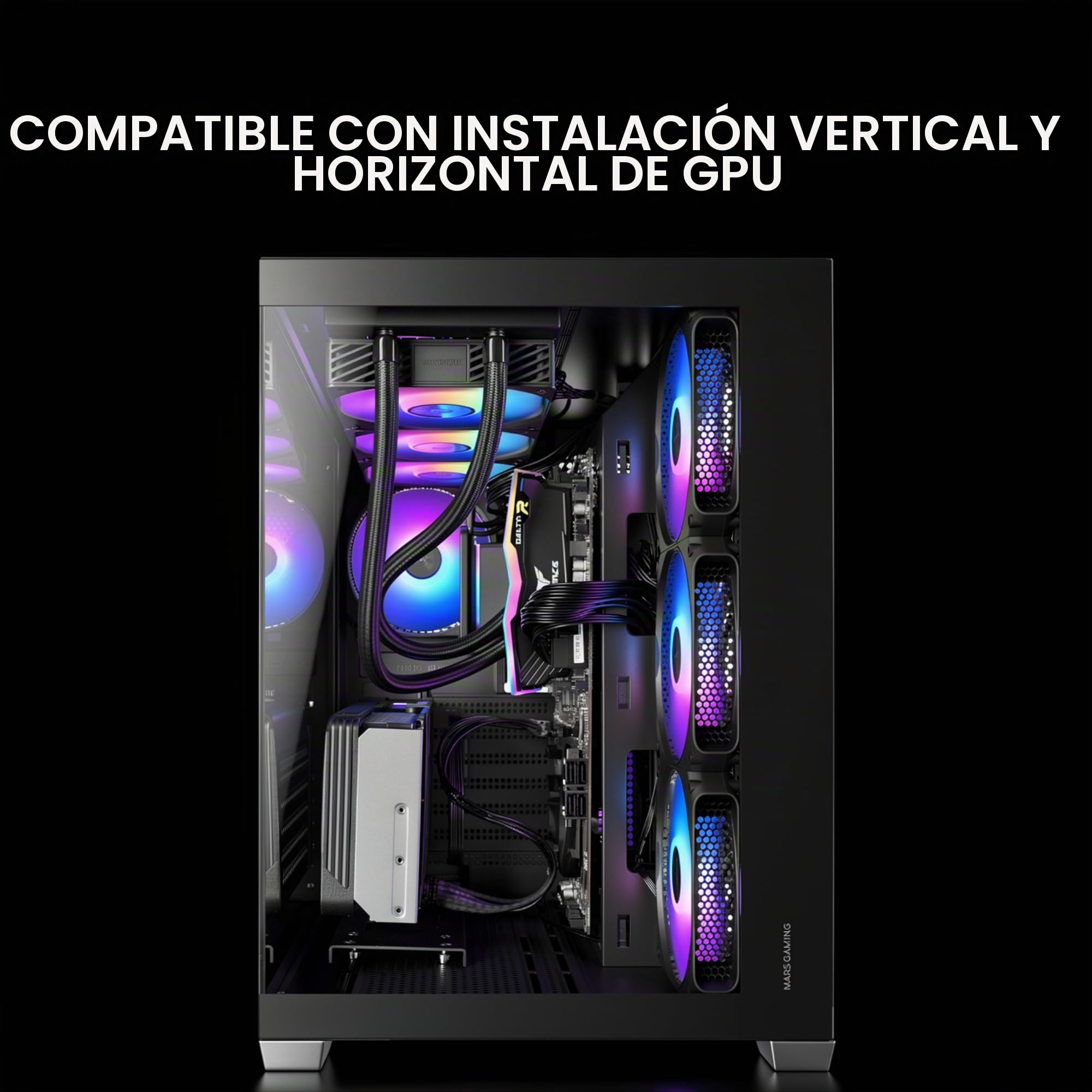Mars Gaming MCV5, Caja PC ATX, Cristal Templado Panorámico, 4X Ventiladores ARGB 120mm, 7 Slots PCI Horizontales + 2 Slots PCI Verticales, Compatible con Placas Base de Conector Inverso, USB-C, Negro