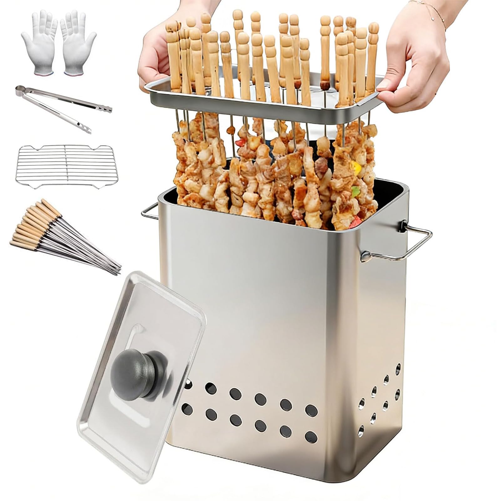 Pionowy Grill Węglowy Typu Smoker, Przenośny Bezdymny Grill BBQ z 26 Szaszłykami i Rusztem, Równomierne Ogrzewanie 360°, Grill Wiszący ze Stali Nierdzewnej do Kempingu Ogrodu i Przyjęć (Bezwęglowy)