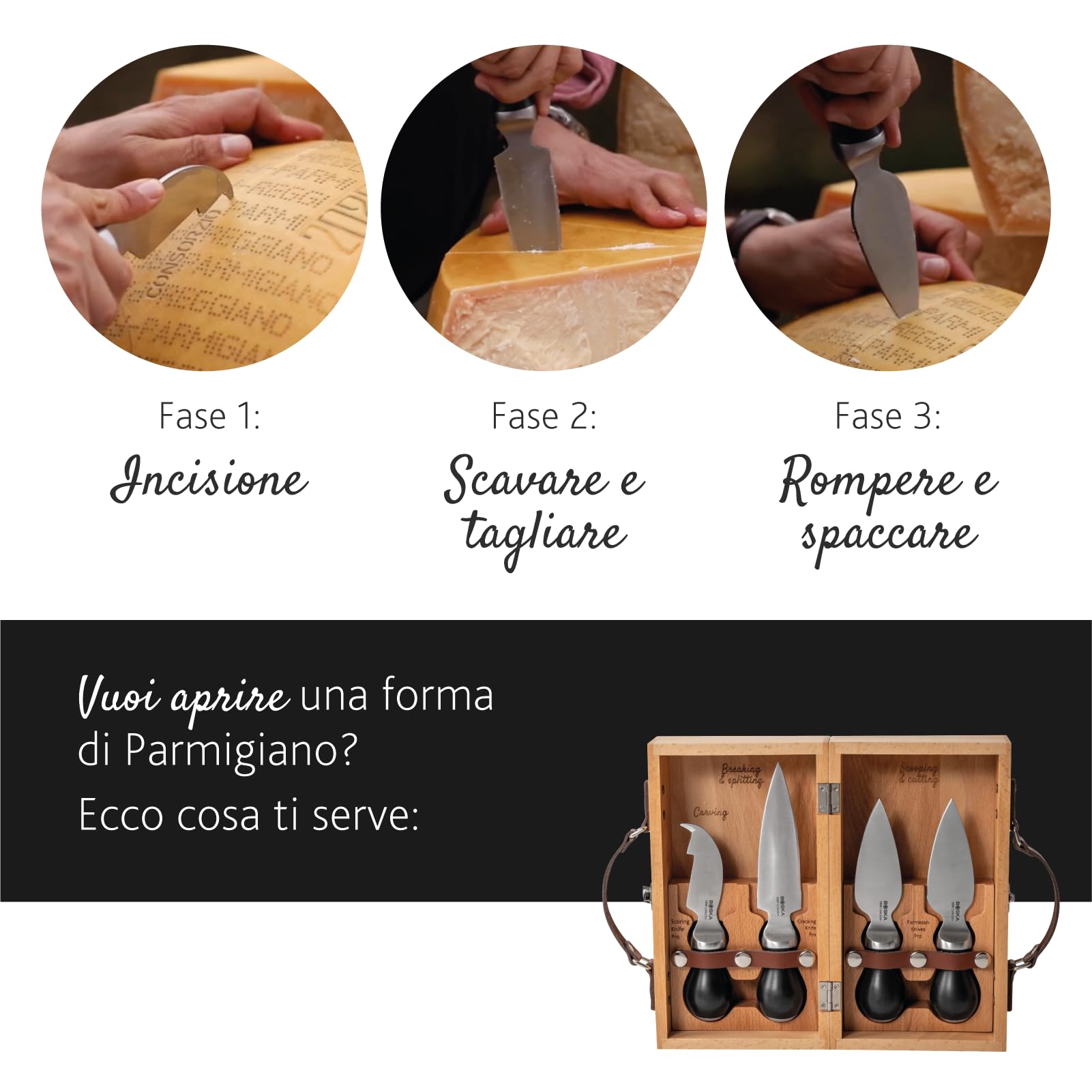 BOSKA Cheesemongers Parm Set Pro/Coltelli da formaggio professionali/Per parmigiano/Acciaio inossidabile di alta qualità/Coltello ergonomico/Taglierino e 2 coltelli da parmigiano