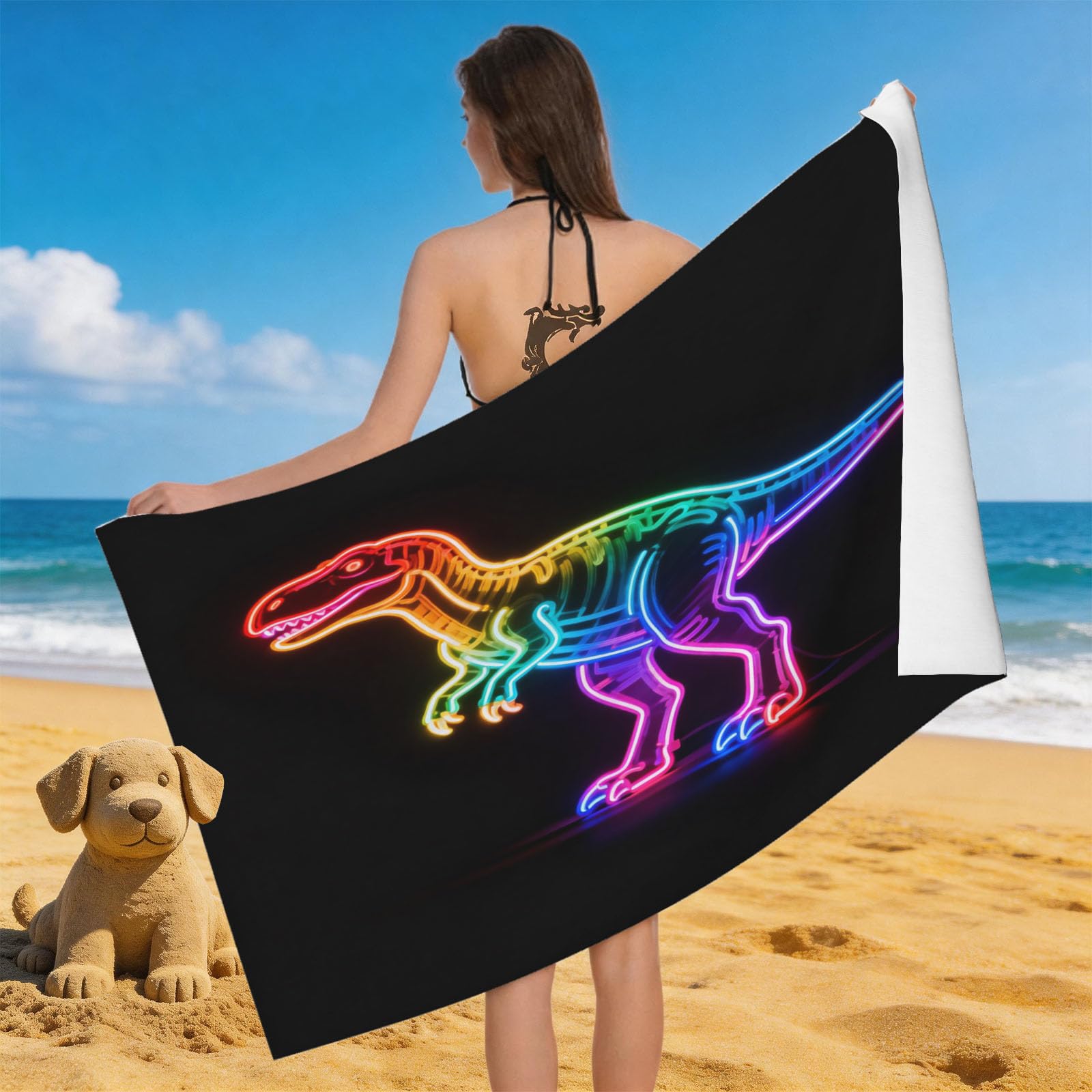 Leichong 3D Neon Dinosaur Beach Towel Microfiber Soft Quick Dry for Adults, Simple Themed Bath Towel Lightweight Soft Absorbent for Travel Swimming Pool Sports, 75 x 150 cm