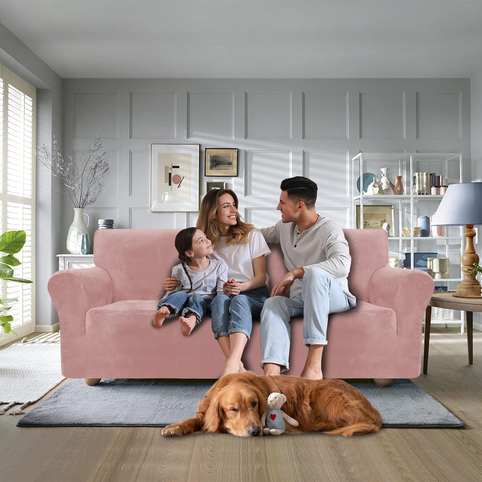 CYCMACO Copridivano Velluto Spesso 3 Posti, Universale Copridivani Elasticizzati, Copri Divani Antiscivolo, Moderno Sofa Cover Antigraffio, Fodera Divano Antimacchia Lavabile, Rosa