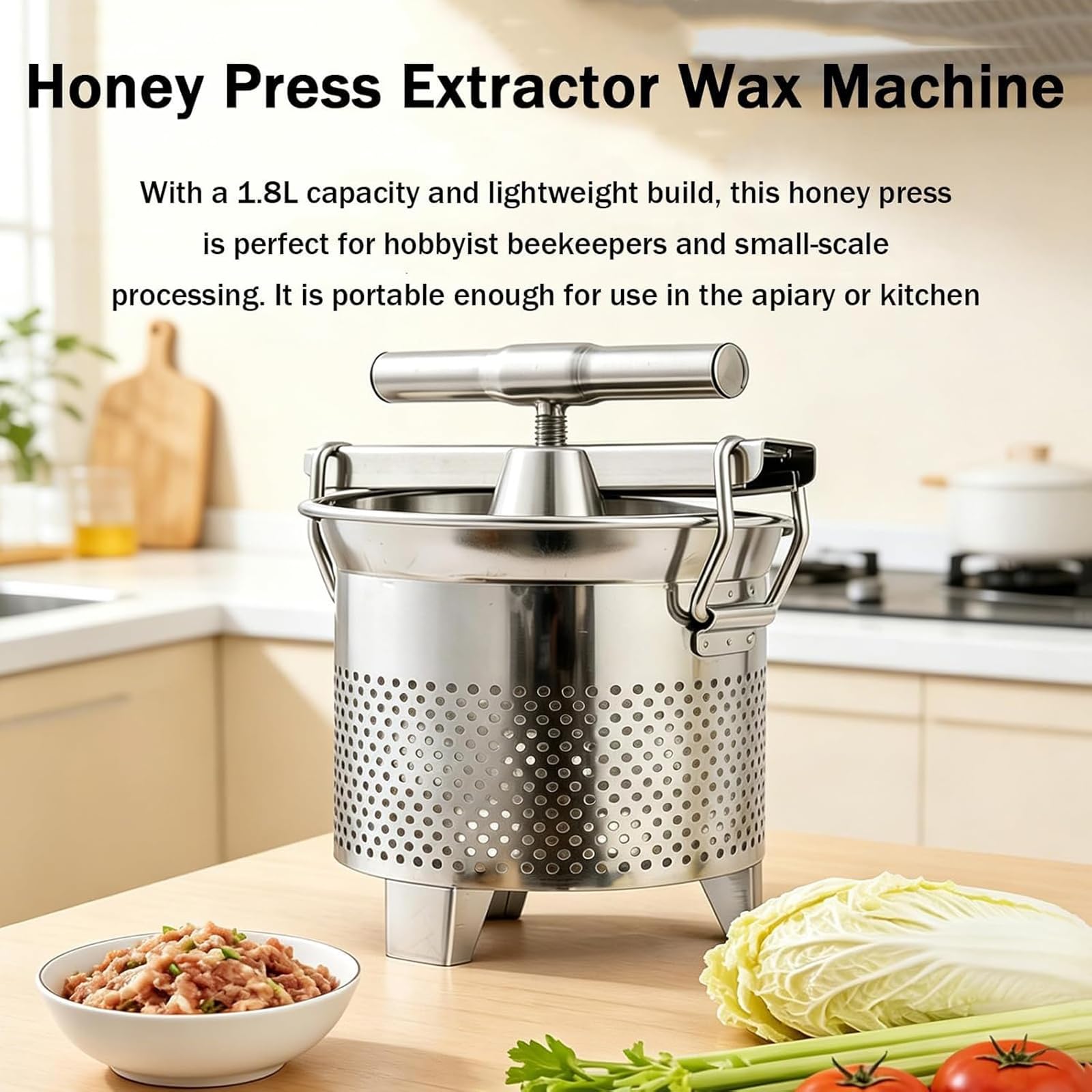 Estrattore Manuale di Miele a Pressa, Pressa per Miele E Cera D'api in Acciaio Inox da 1,8 L, Pori Filtranti Uniformi, Gambe di Supporto, per Verdure, Yogurt E Separazione di Grassi, Cera D'api