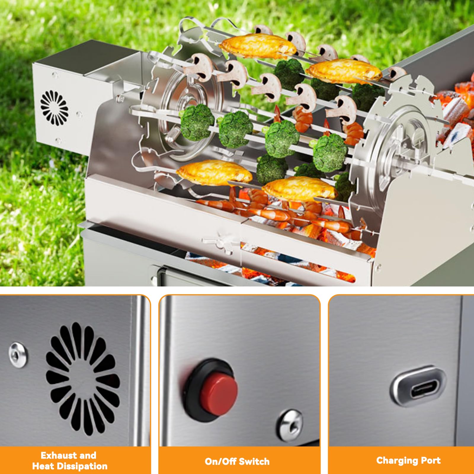 Nikou Spiedino Girevole Rotisserie Grill, Automatico per Barbecue Girevole per Kebab, Spiedini e Arrosti, Barbecue da Tavolo Elettrico con 16,5 a 29,5 cm Base Telescopica