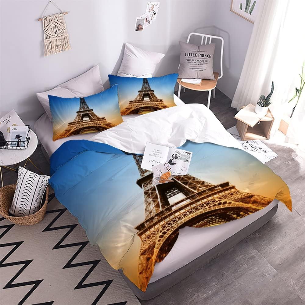 Bedding Duvet Cover 3D Eiffel Tower Pattern Printed Bedding Duvet Cover with Zipper Closure Soft Microfiber（78"X78"）