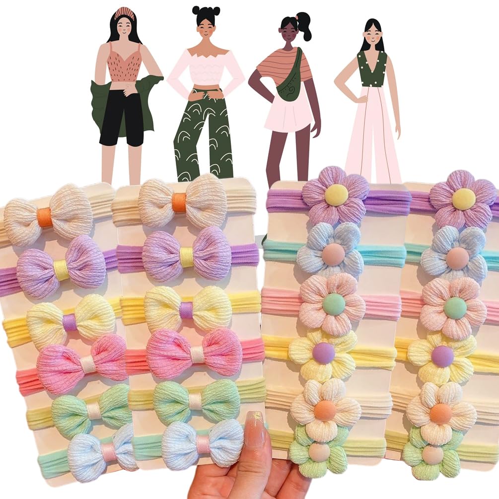 Bow Charm Kids Hair Ties No Damage Baby Pink Series Princess Color Flower Thick Hair Elastics Ponytail Holders 24pcs Pastel Colors for Baby Girls and