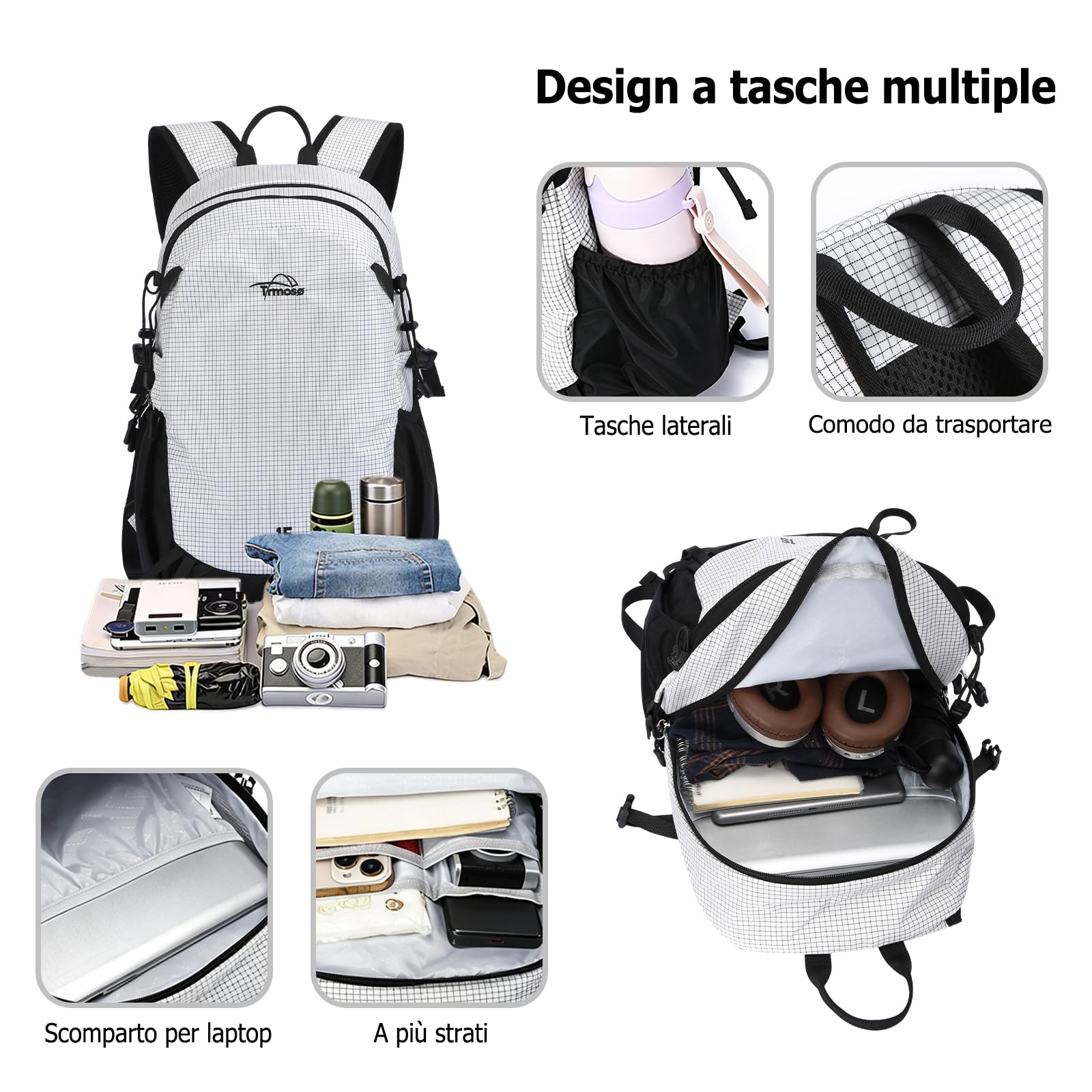 15L Zaino da Escursionismo Leggero Zaino Outdoor Traspirante in Nylon Multitasche Zaini per Campeggio Viaggi Uso Quotidiano Nero