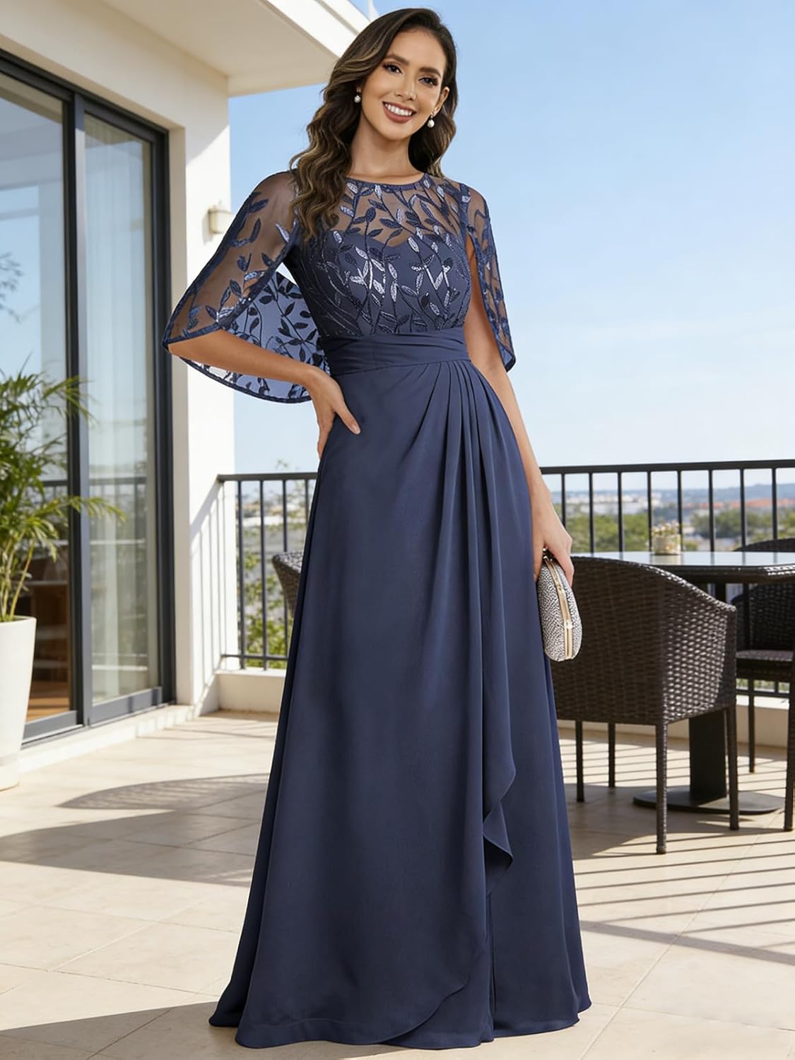 Sequin Embroidery Mother of The Bride Dresses Cap Sleeve Boat Neck A-line Long Evening Formal Dress for Women - Image 3