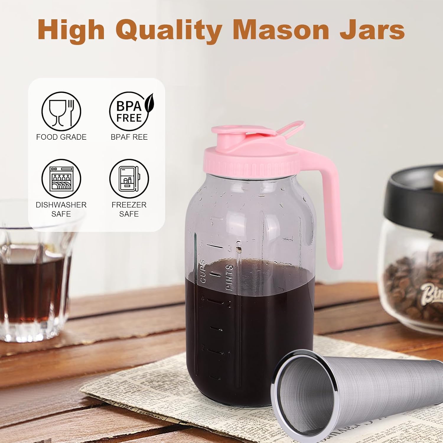 Cold Brew Coffee Maker，64 oz Wide Mouth Mason Jar Pitcher with Stainless Steel Filter, Pour Spout Handle Lid, Heavy Duty Glass Airtight & Leak-Proof for Iced Coffee & Tea Lemonade-Pink - Image 3