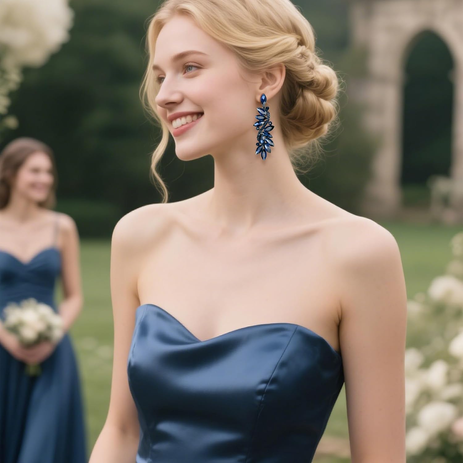 BriLove Women's Wedding Bridal Crystal Multi Marquise Filigree Flower Chandelier Clip-On Dangle Earrings - Image 3