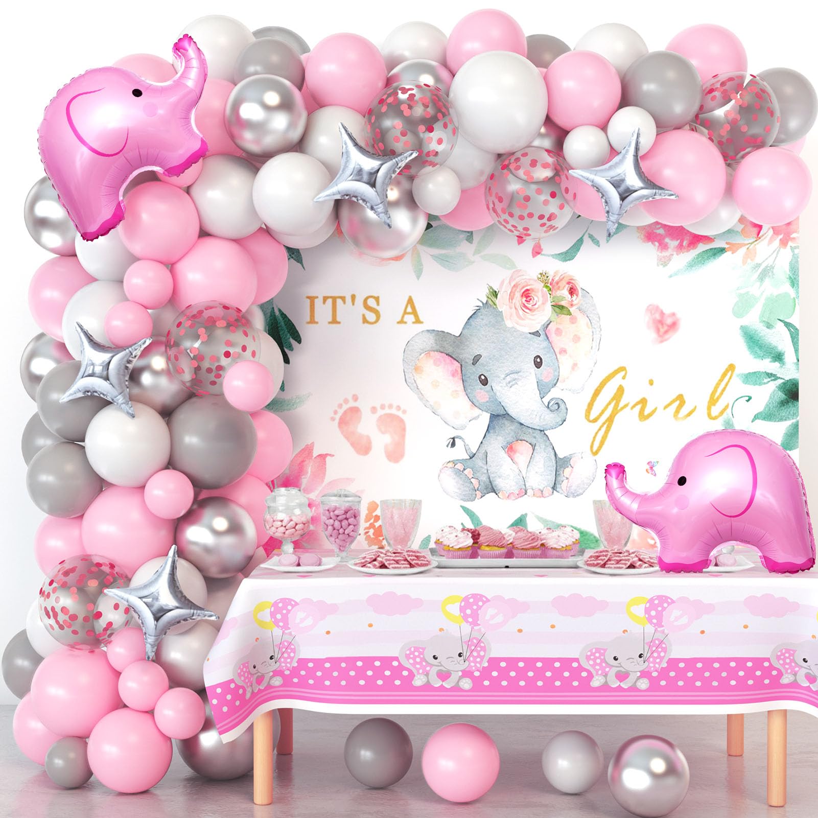 Winrayk Elephant Baby Shower Decorations for Girl Pink Elephant Balloon Garland Arch Kit It's a Girl Backdrop Tablecloth Star Elephant Foil Balloon, Toddler Birthday Party Girl Baby Shower Decorations