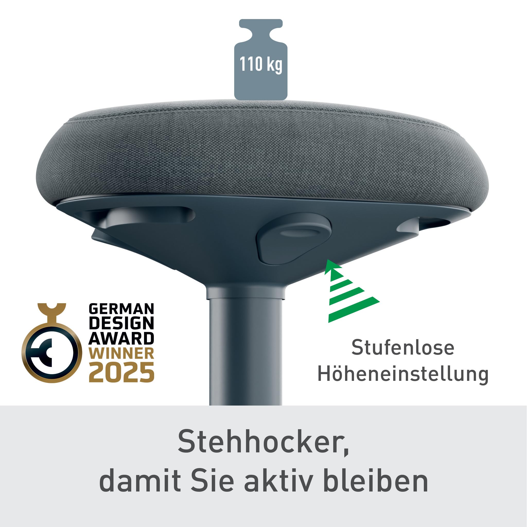 Leitz Ergo Active Stehhocker mit Dual Density Foam Komfortsitz, Bürohocker höhenverstellbar von 57 bis 82 cm, Sitzbezug aus 100% Recycling-Material, Für bis zu 110kg, Ergo-Serie, Dunkelgrau, 65450089