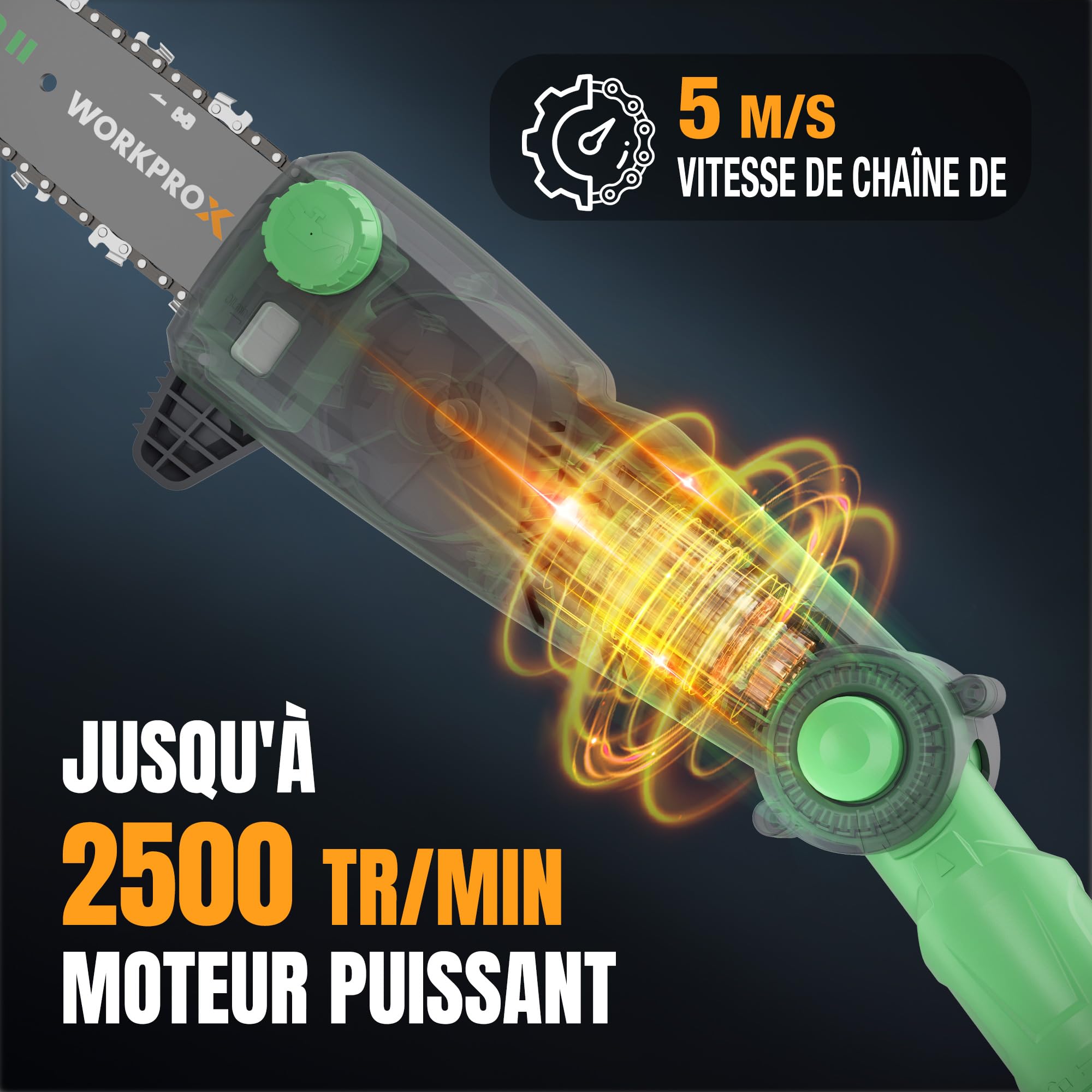 WORKPROX Élagueuse Télescopique sur Perche 20V pour Tailler Branches Hautes – Tronçonneuse à Batterie 4,0Ah, Extension Jusqu'à 4,5 m, Lame 20 cm, Angles de Tête Réglables, Lubrification Auto