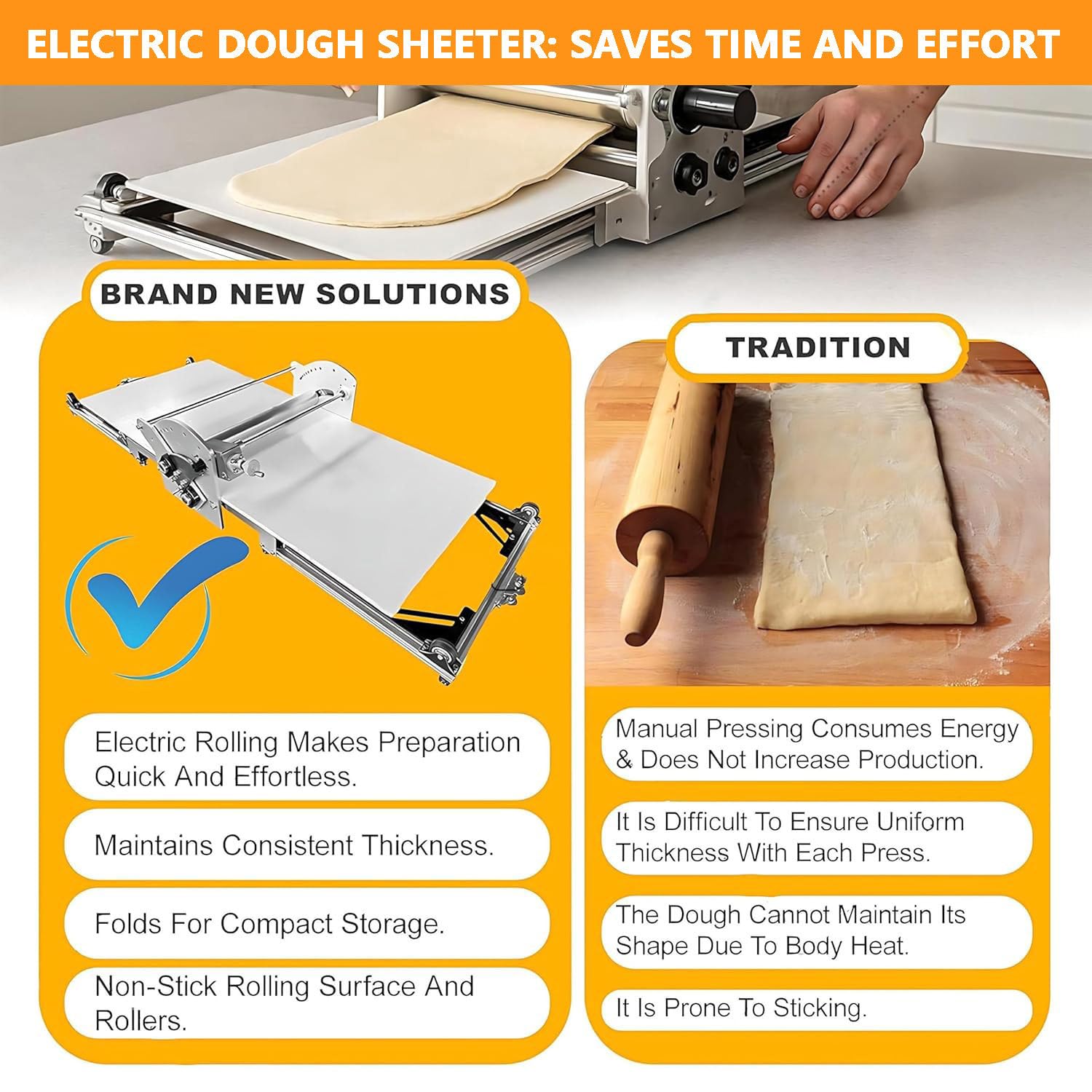 Laminadora de Masa eléctrica para hogar y pequeñas panaderías, máquina laminadora de Mesa 40", Espesor Ajustable, Rodillos con Giro inverso automático, Acero Inoxidable 304, Plegable