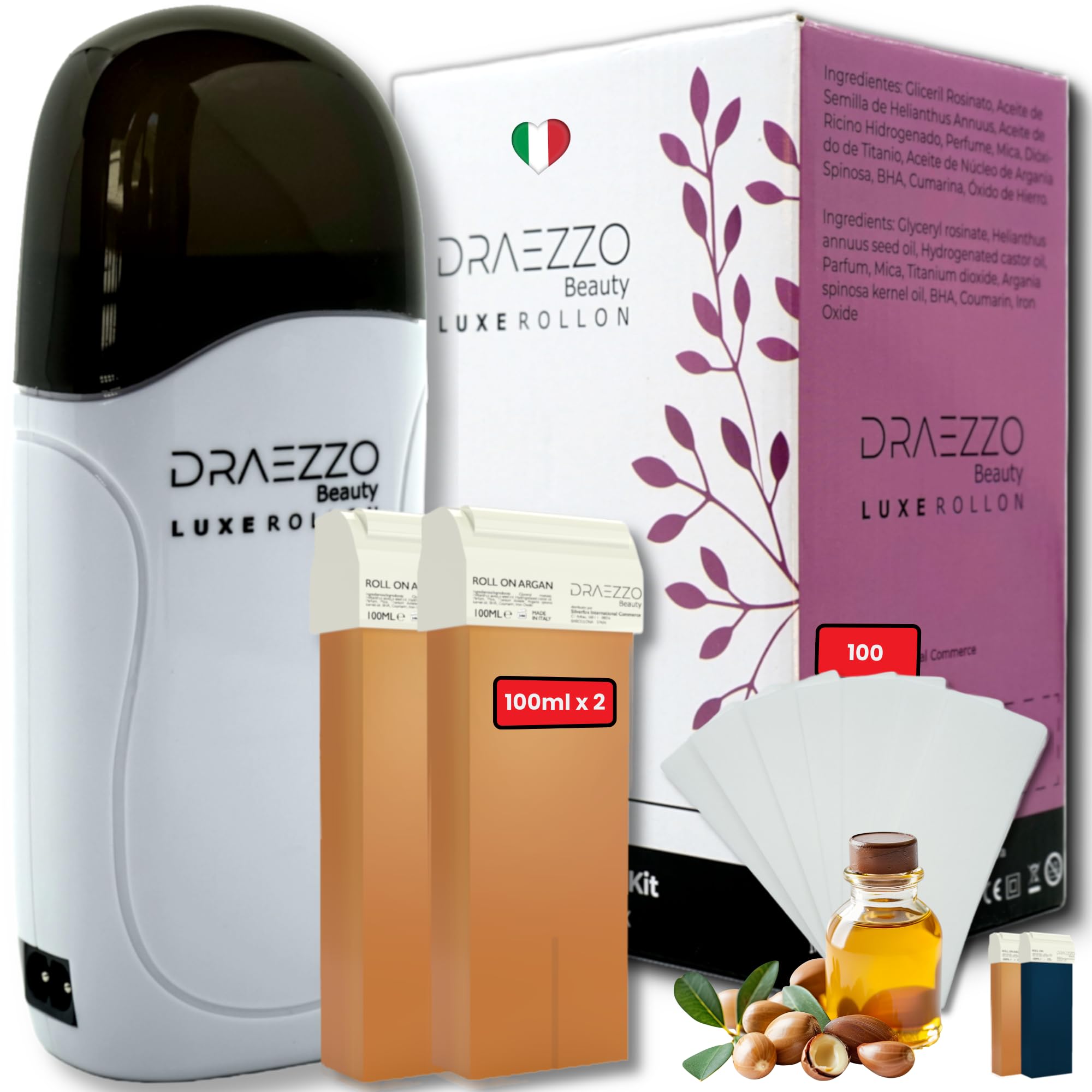 Cera Depilatoria Roll On Kit. Calentador Cera Roll On + 2 Cartuchos Roll On Cera Depilatoria + 100 Bandas Depilatorias. Descubre los beneficios del argán. Luxe RollOn