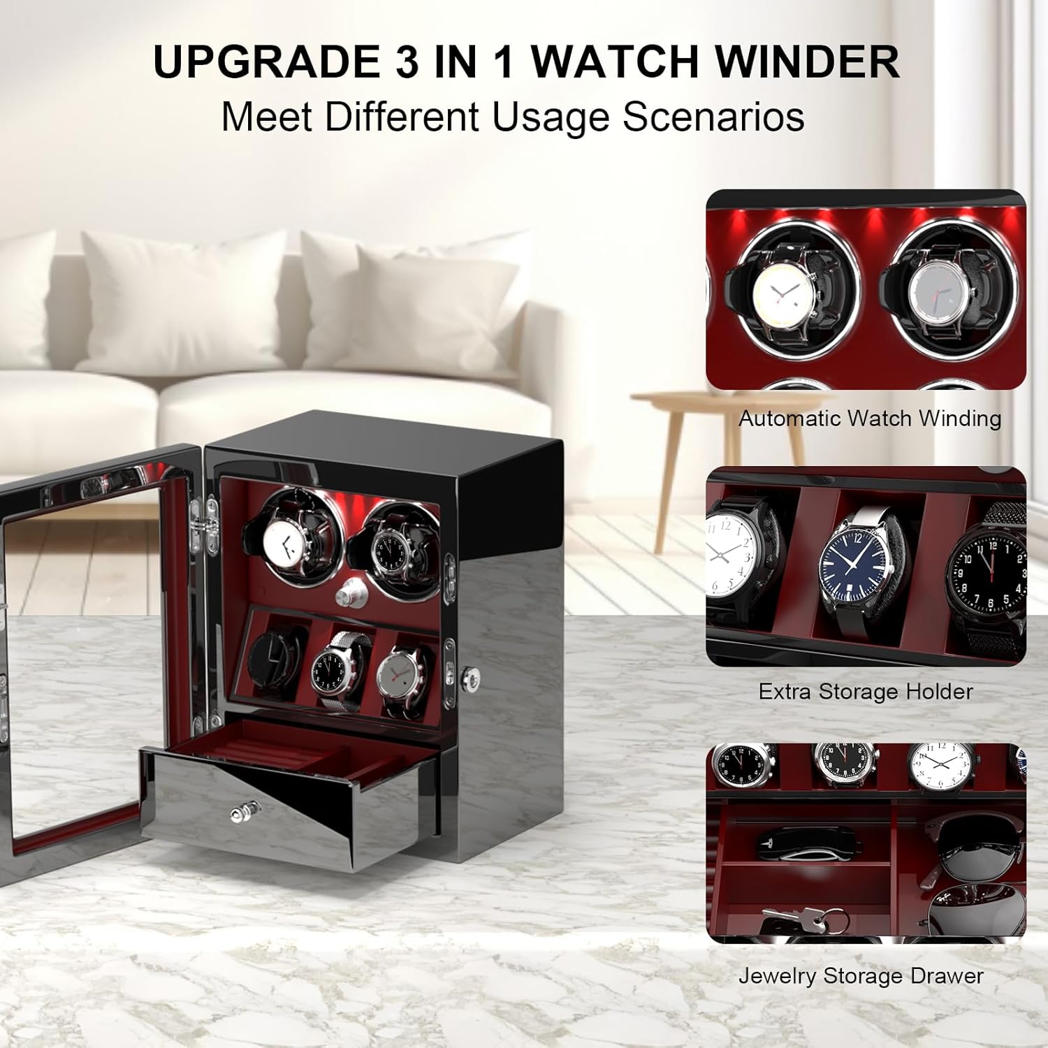 dukwin watch winder for 4/6/8 automatic watches, lockable winders with watch holders and jewelry storage, super quiet motor with high-gloss finish, built-in illumination red watch winders for 2 watches