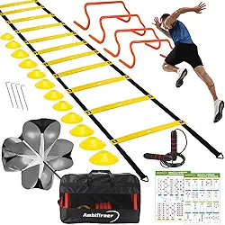 Conjunto de equipamentos de treinamento de escada de agilidade – Escada de agilidade (12 degraus/6 m), 4 barreiras de velocidade, 12 cones de treinamento, corda de pular, paraquedas para velocidade/futebol/treinamento de futebol com bolsa de transporte