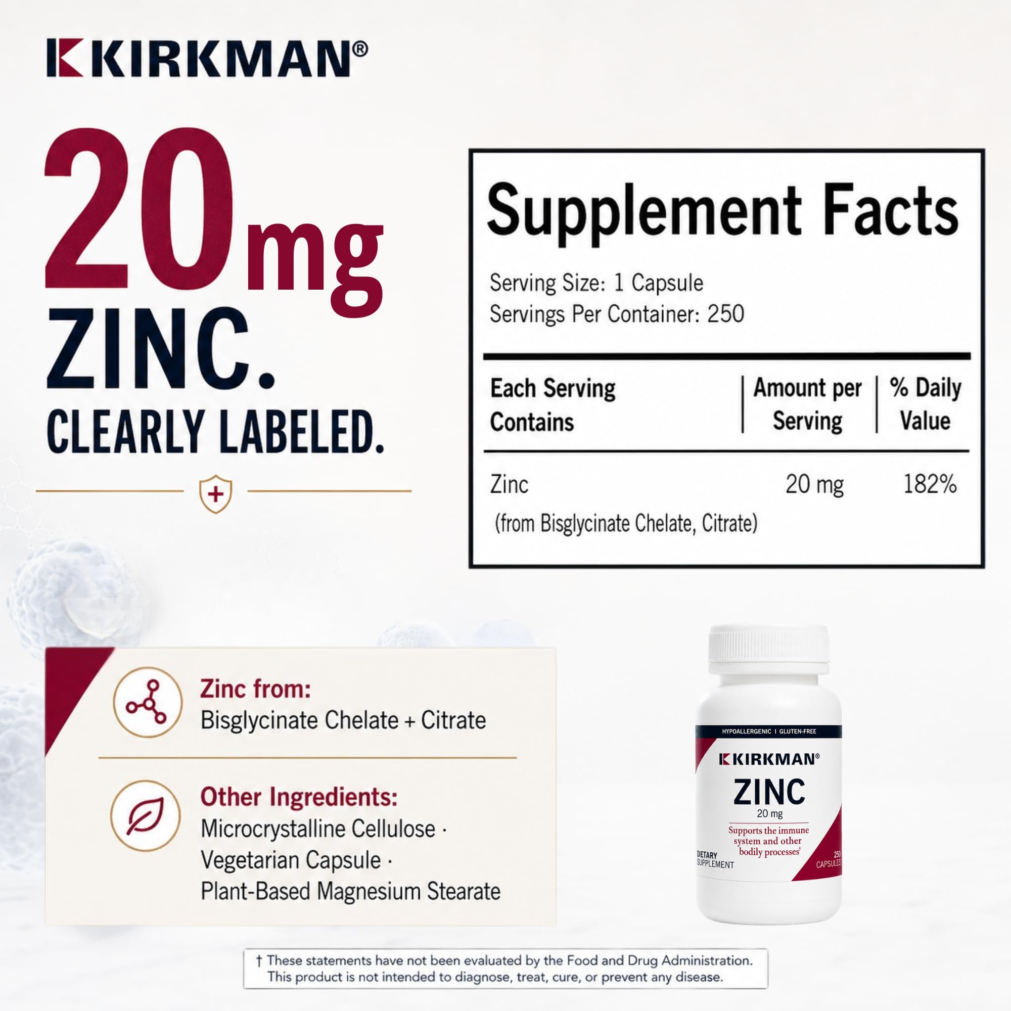 Kirkman Zinc 20 mg Hypoallergenic Mineral Supplement, 250 Veg Capsules — Amazon image 5