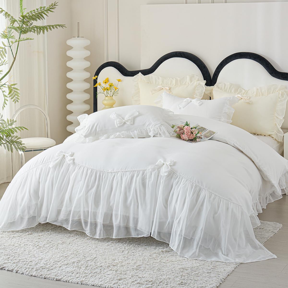 IHOUSTRIY Spitzen-Bettwäsche-Set Queen Size – Mit Chiffon-Rüschen Und Blumen, 3-teilig | Aus Mikrofaser, Reißverschluss & Eckbänder