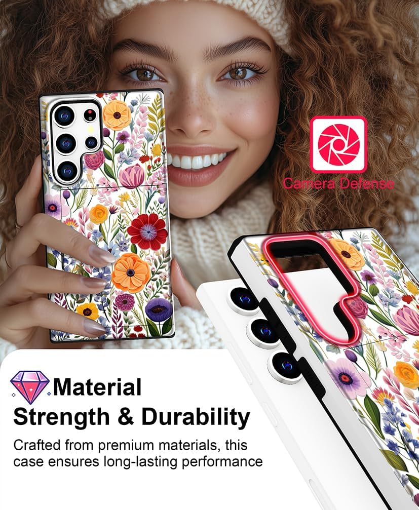 Compatible with Samsung Galaxy S25 Ultra Case Wallet Cute for Women with Design,Rugged Credit Card Holder Slot Protective Phone Skin Cases - Red Vibrant Colorful Flowers - Image 5