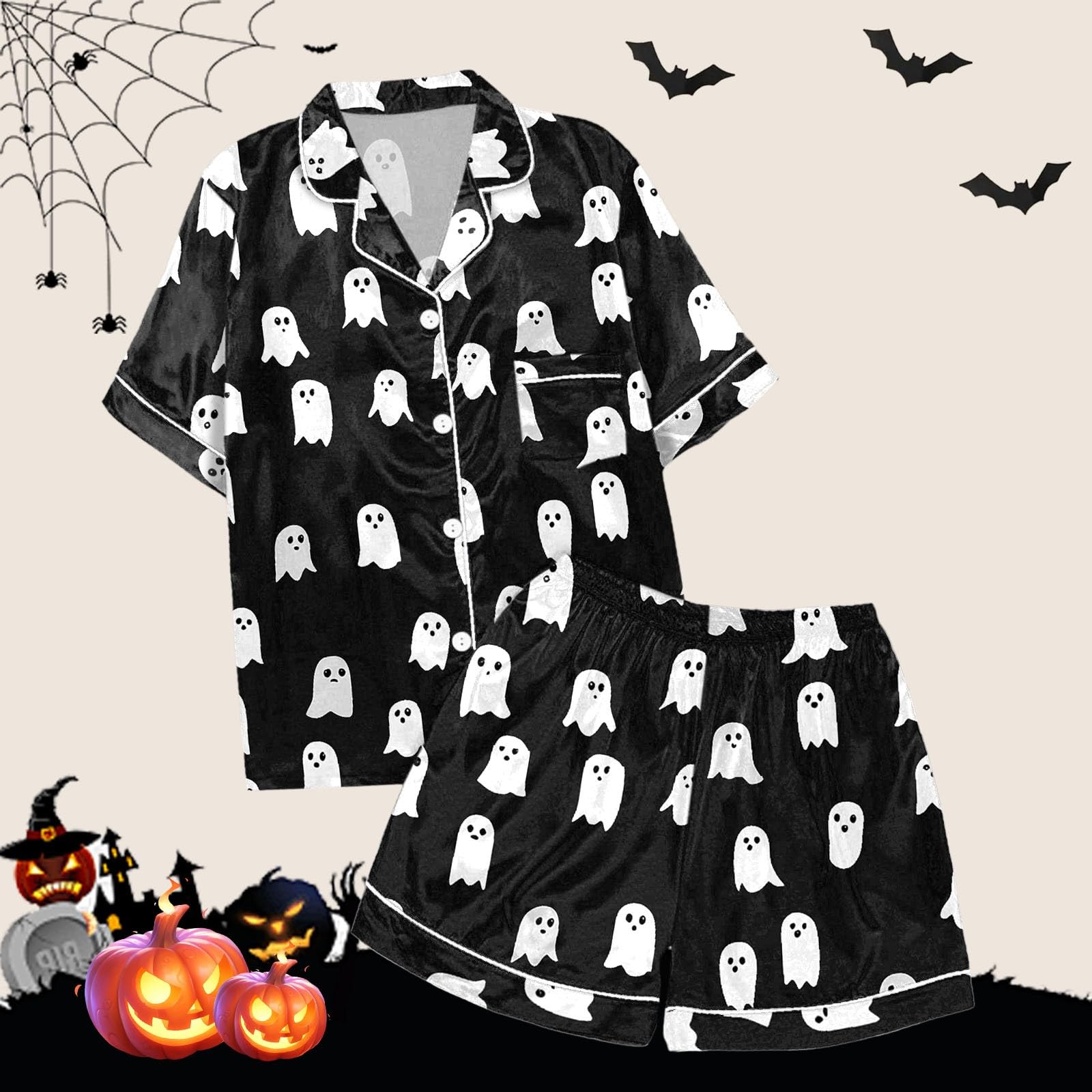 Genérico Conjuntos de Pijama para Mujer con Diseño Elegante de Cuello y Patrón Decorativo Ideal para Halloween Otoño Invierno Uso Diario Versátil Cómodo