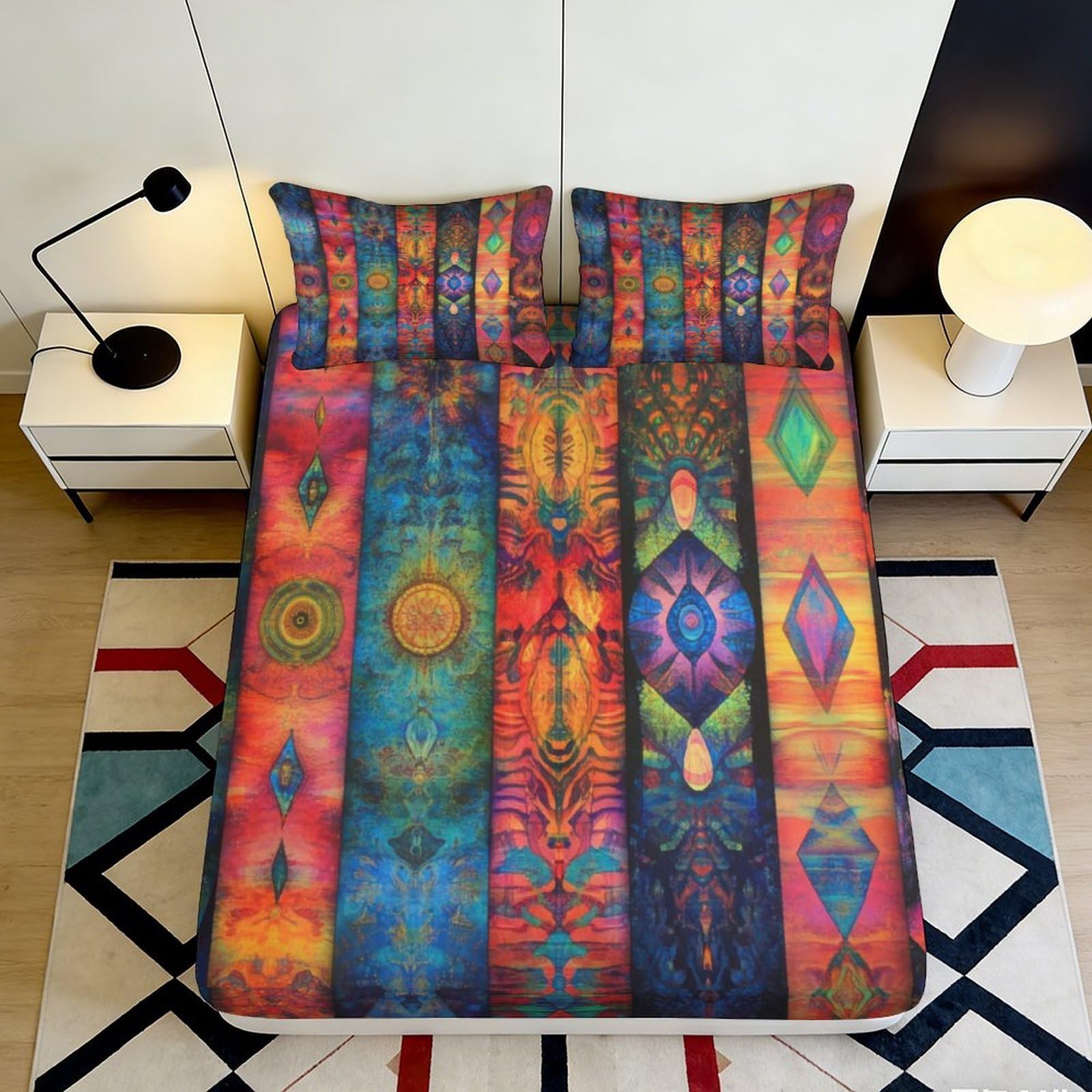 3D Printed Boho Mandala Fitted Sheet Microfiber Colorful Abstract Geometric Mattress Cover for Bedroom Dorm Easy Care 180x200x25cm