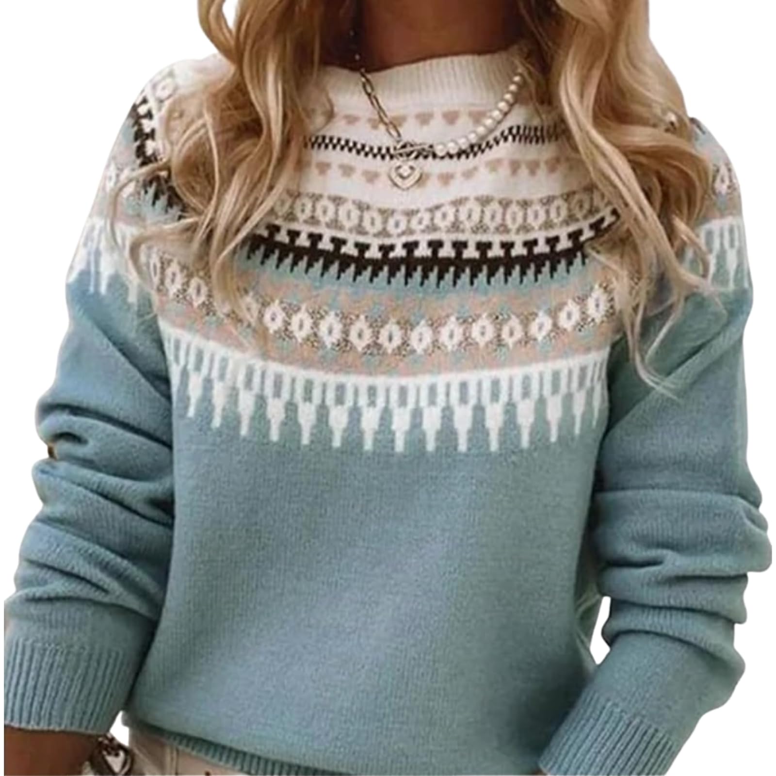 Womens Lake Blue Fair Isle Crew Neck Pullover Sweater Long Sleeve Loose Fit 2025 Fall Stylish Gathering Outfits