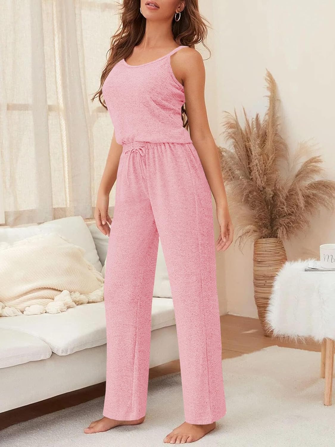 Fessceruna Womens 3 Piece Pajama Set Cami Tank Top Wide Leg Pants and Cardigan Loungewear Lounge Sets - Image 2