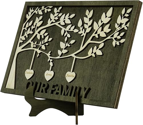 Vista 51 de Árbol genealógico con etiqueta de corazón, placas de madera grabadas personalizadas, regalos personalizados para madres, padres, escritorio, nombres
