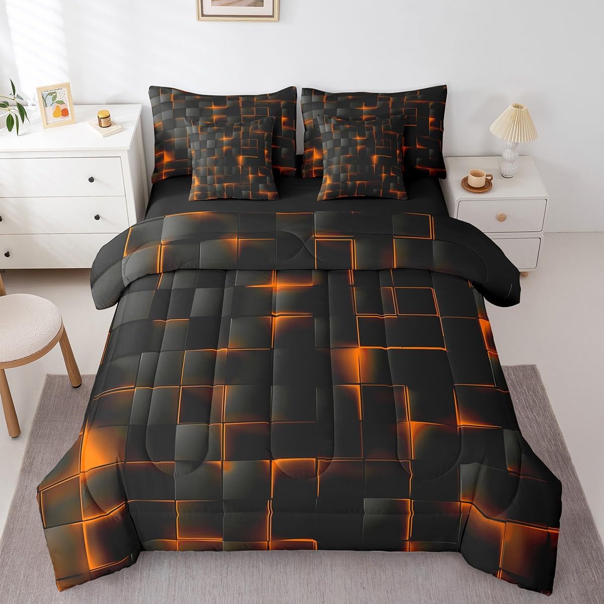 Feelyou Orange and Black Comforter Set with Sheets 7 Piece Full Size Kids Light Geometric Bed in a Bag Bedding Set Modern Style Bed Set with Comforter, Sheets, Pillowcases & Cushion Covers