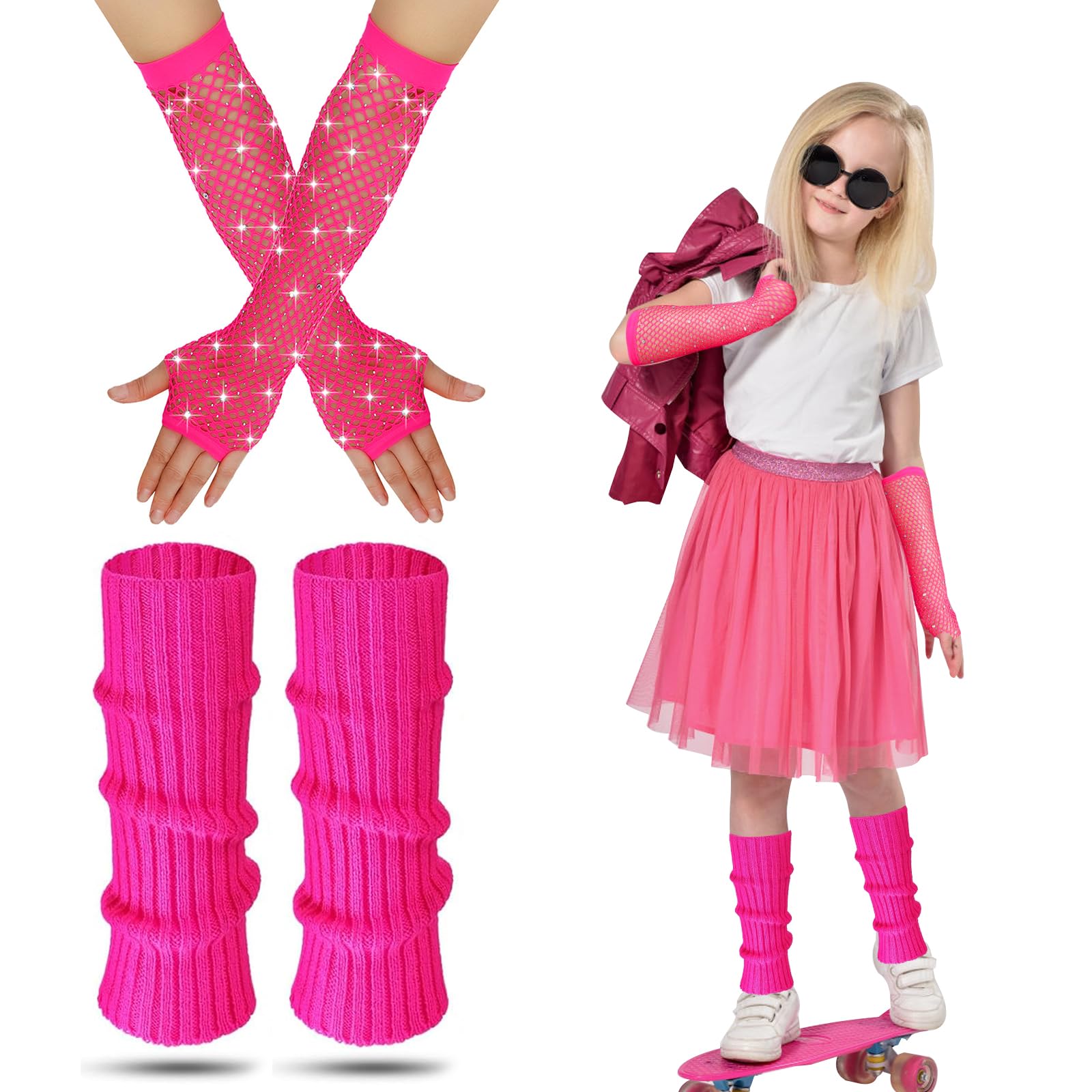 AffeGiftsNeon Leg Warmers Kids, Kids 80s Leg Warmer with Neon Fishnet Gloves Warm Knitted Leg Warmers 80s Costume Accessories Set For Girls Fancy Dress 1980s Theme Party