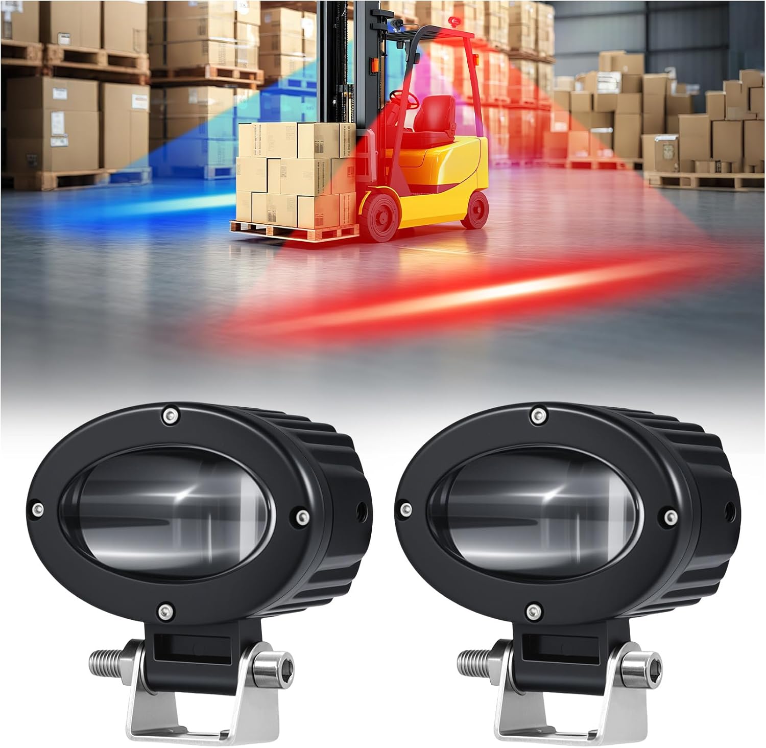eTzone LED Forklift Safety Light 2 Pack, Dual Color Switchable Forklift Warning Light (Red & Blue) Safety Lamp for Side Zone, Warehouse Pedestrian Area, 30W DC 10-80V
