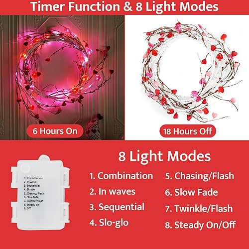 Miniatura 3 de 8 modos de luz y temporizador decoración del día de San Valentín, guirnalda de abedul iluminada con 54 luces LED para el día de San Valentín con 18