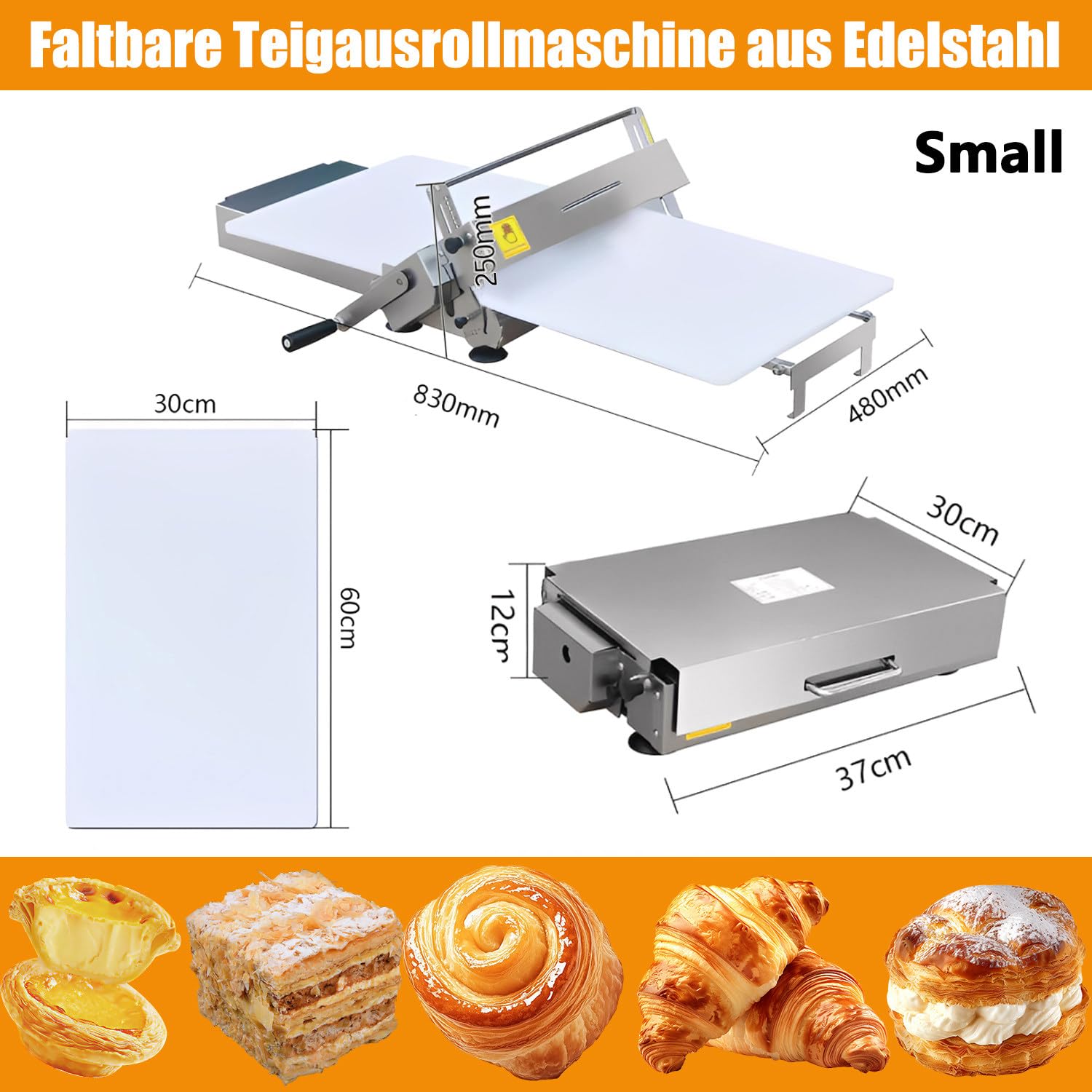 Professionelle Teigwalzmaschine manuell Edelstahl 2–25 mm | Präzise Teig ausrollen Maschine für Pizza Croissant&Pasta | Faltbare Tischausrollmaschine für Küche Bäckerei&ambitionierte Hobbybäcker Small