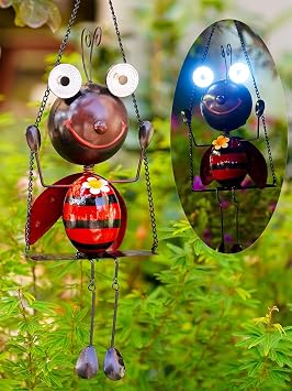 GDF Solar Lady Bugs Swing Metal Ladybug Hanging Animal Garden Decor Waterproof Solar Lights Decorative Outdoor Lights for Outside Patio Balcony Pathway Lawn Yard
