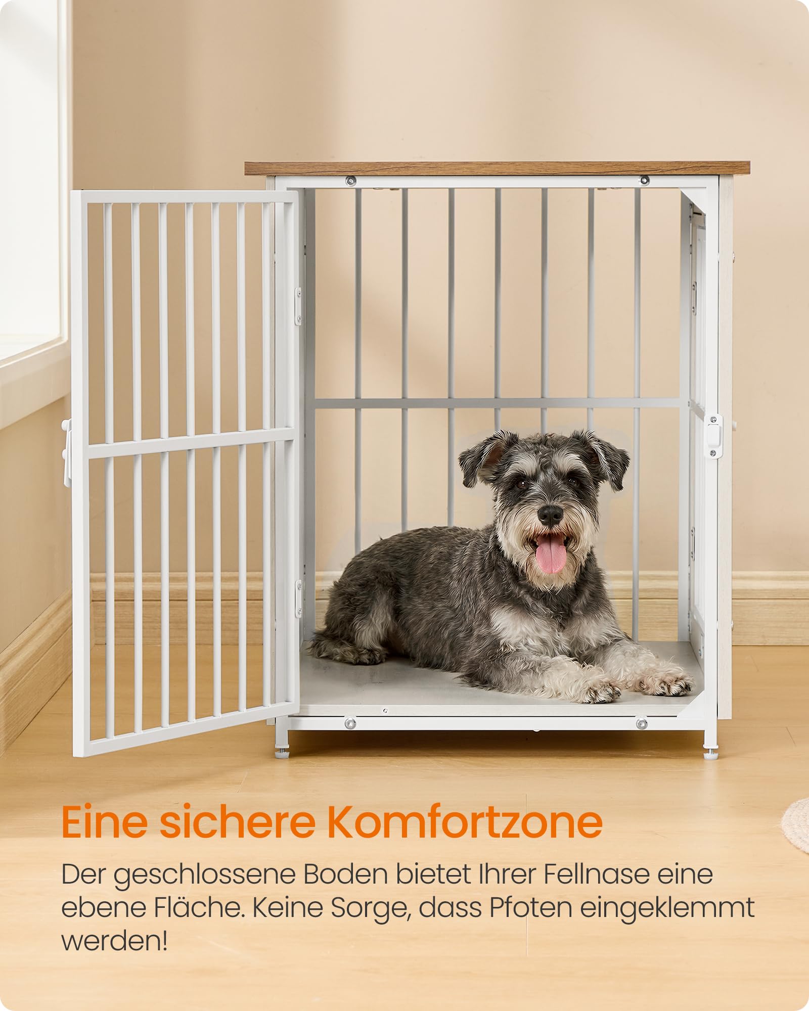Feandrea Hundebox, Hundekäfig Möbel, Gitterbox aus Holz und Metall, mit 2 Türen und Geschlossenem Boden, 82 x 55 x 64 cm, für Zuhause, Vintagebraun-Weiß, Degwood PFC022KB01