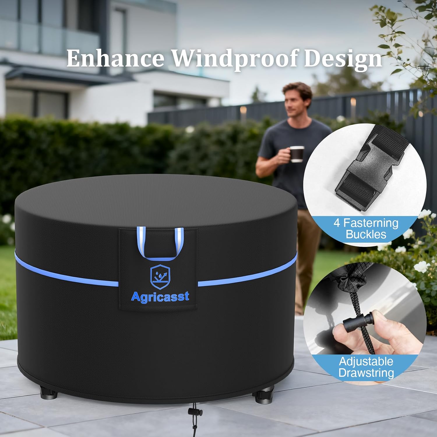 Round Fire Pit Cover for 45''- 48'' Fire Pit, 600D Heavy Duty Outdoor Firepit Cover Waterproof Patio Fire Table Cover with Air Vent, Handle, 4 Windproof Buckles, Drawstring - 48"Dia x 24"H
