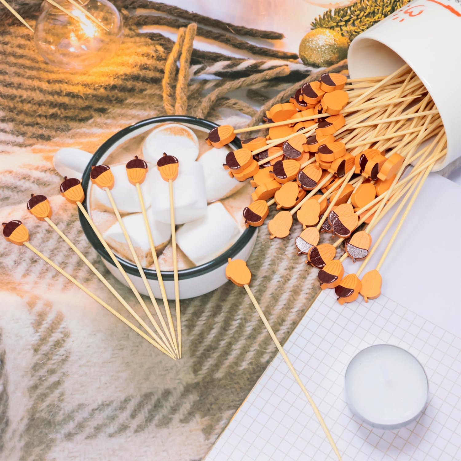 Honbay 100PCS Fall Acorn Bamboo Cocktail Picks Fruit Food Hamburger Toothpicks Cupcake Toppers Sandwich Appetizer Decorative Skewers Drink Garnish Holiday Party Decoration Sticks