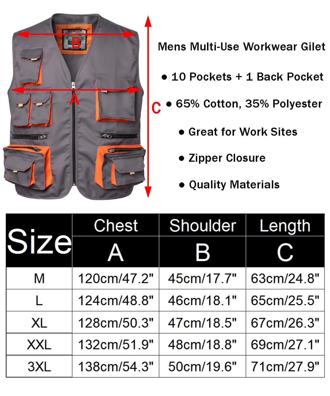 Gilet de Travail d'Extérieur Multi-poches pour Homme Manteau sans Manche de Travail Gilet de Montage Vêtements de Travail Gilet sans Manches