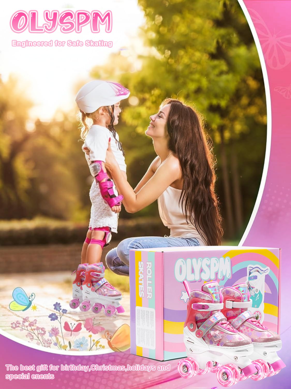 Patin a Roulette Fille,Rollers Enfant Fille avec Motif Intégral de Cœurs Rêveurs & 8 Roues Lumineuses,4 Tailles Réglables,Idée Cadeau Anniversaire Noël