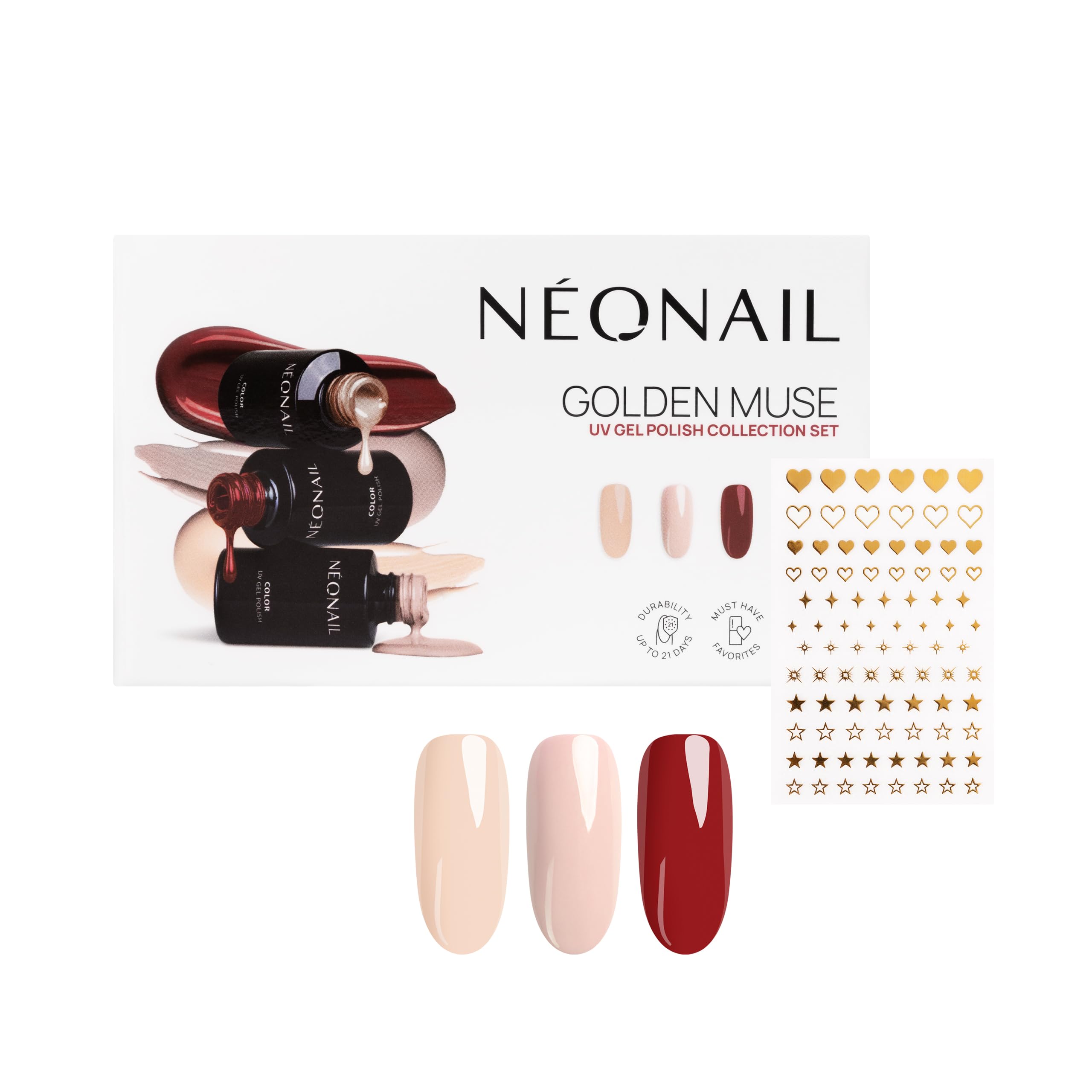 NÉONAIL Zestaw do hybryd: 3x lakier do paznokci 3ml + naklejki Nail Stickers Metallic Gold
