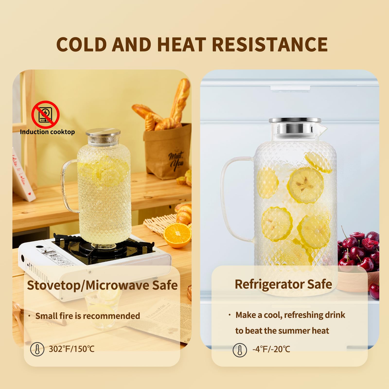 Hannadepot Jarra de vidrio, jarra de agua de vidrio de 3,5 L con tapa y boquilla, resistente al calor y al frío, jarra de agua de vidrio de borosilicato para café, jugo y bebidas caseras
