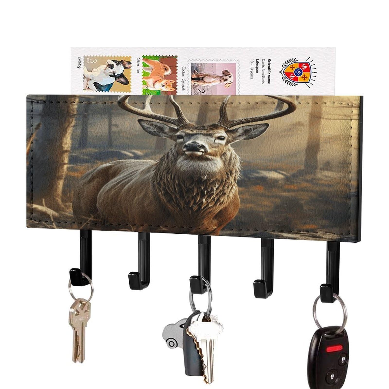 FekiLoot Deer Hunting Season Key Holder for Wall Decorative Mail Organizer with 5 Key Hook Self Adhesive Key Rack with Tray Coat Rack Wall Mount Key Hanger Decor for Entryway Door