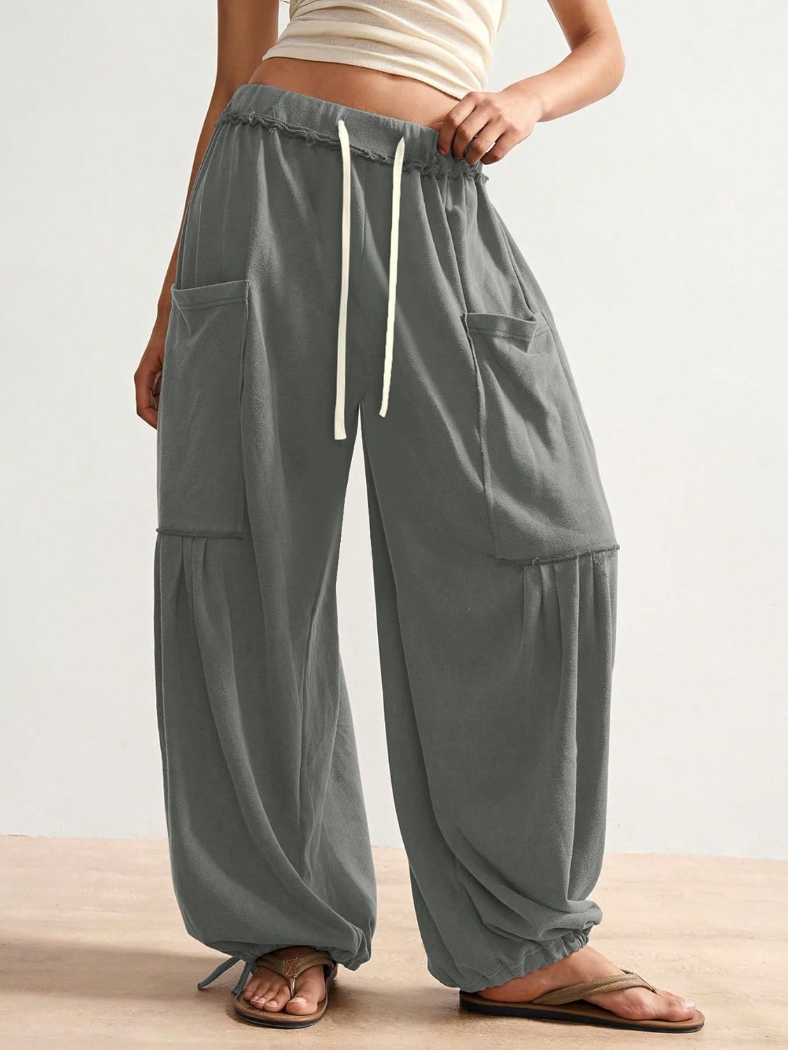 ZAFUL Boho Casual Pants for Women Baggy Pant Ruched Flowy Bottom Elastic Drawstring Waist Trouser with Pockets - Image 2