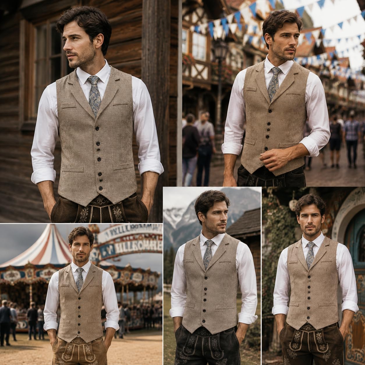 Gilet Da Uomo In Tweed A Spina Di Pesce, Gilet Vintage Tradizionale Per Oktoberfest, Giacca Casual Senza Maniche, Vestibilità Slim, Gilet A Quadri Con Scollo A V E Tasca Per Festival E Matrimoni.
