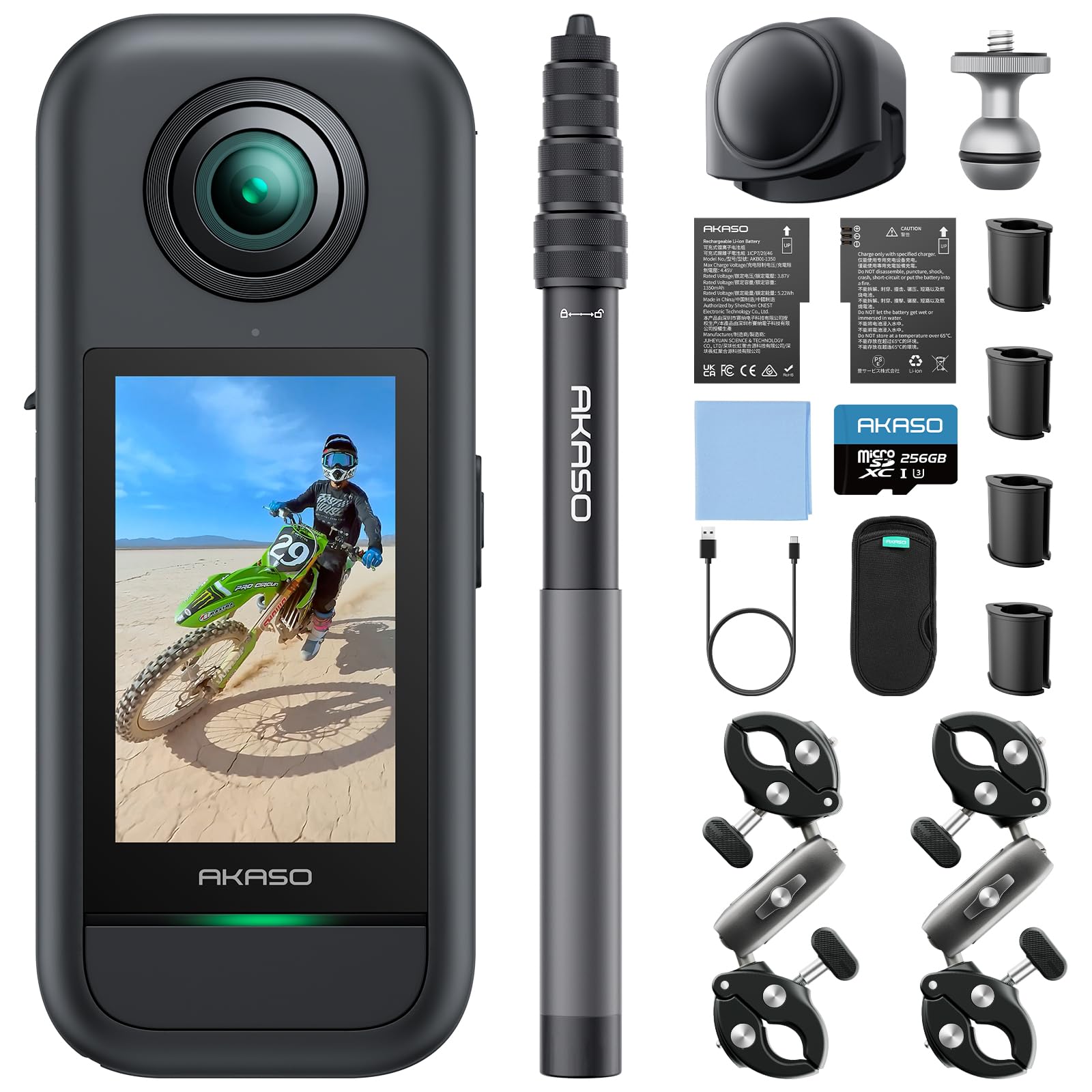 AKASO Action Cam 360° in 5.7K – Moto Pack con Scheda 256GB, Foto 72MP, Doppio Sensore da 1/2" 48MP, 360° Horizon Lock, Touchscreen 2.29", AI Tracking, Stabilizzazione SuperSmooth