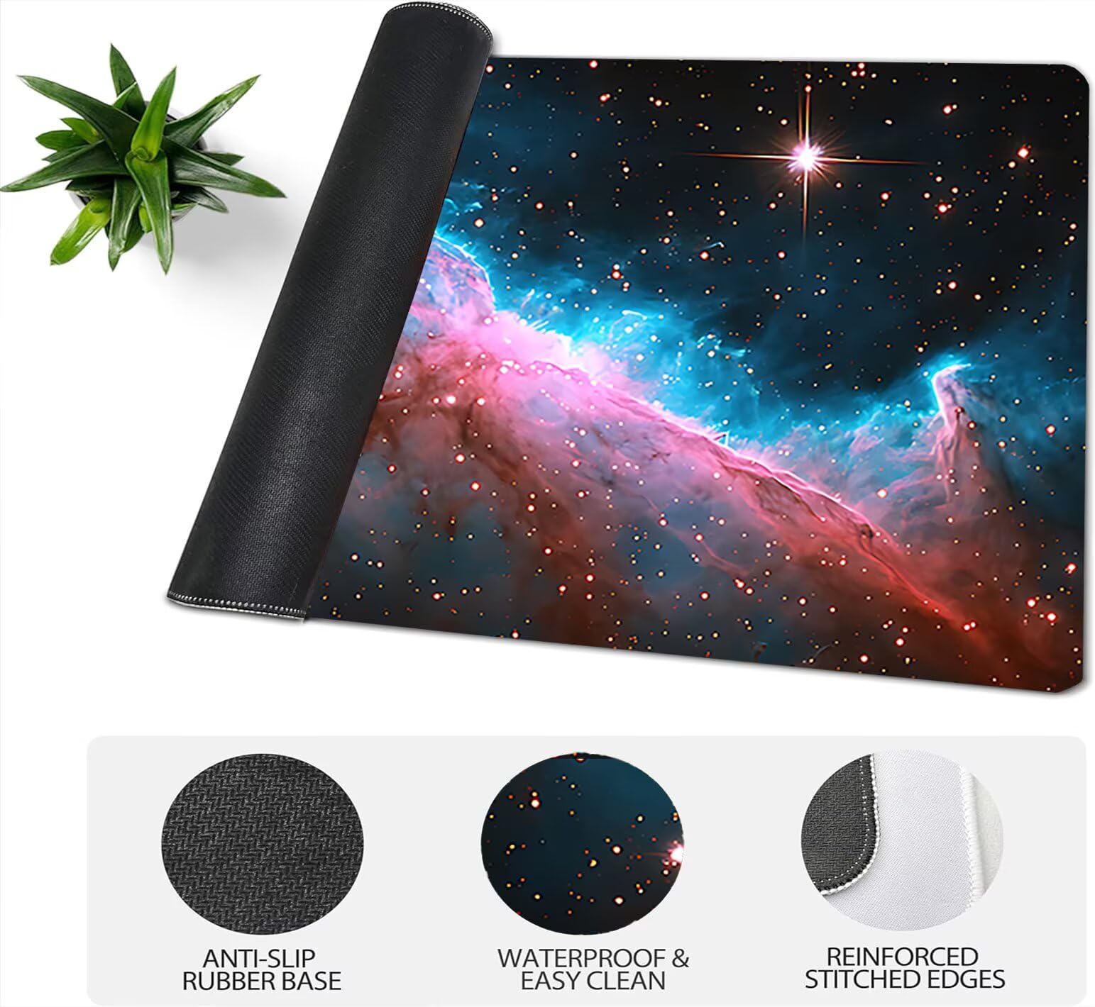 Podkładka pod mysz XXL, gwiaździste niebo, duża podkładka pod mysz gamingową 1600 x 800 x 3 mm, krajobraz z przeszyciami na krawędziach, ponadwymiarowa, antypoślizgowa gumowa podkładka, podkładka pod
