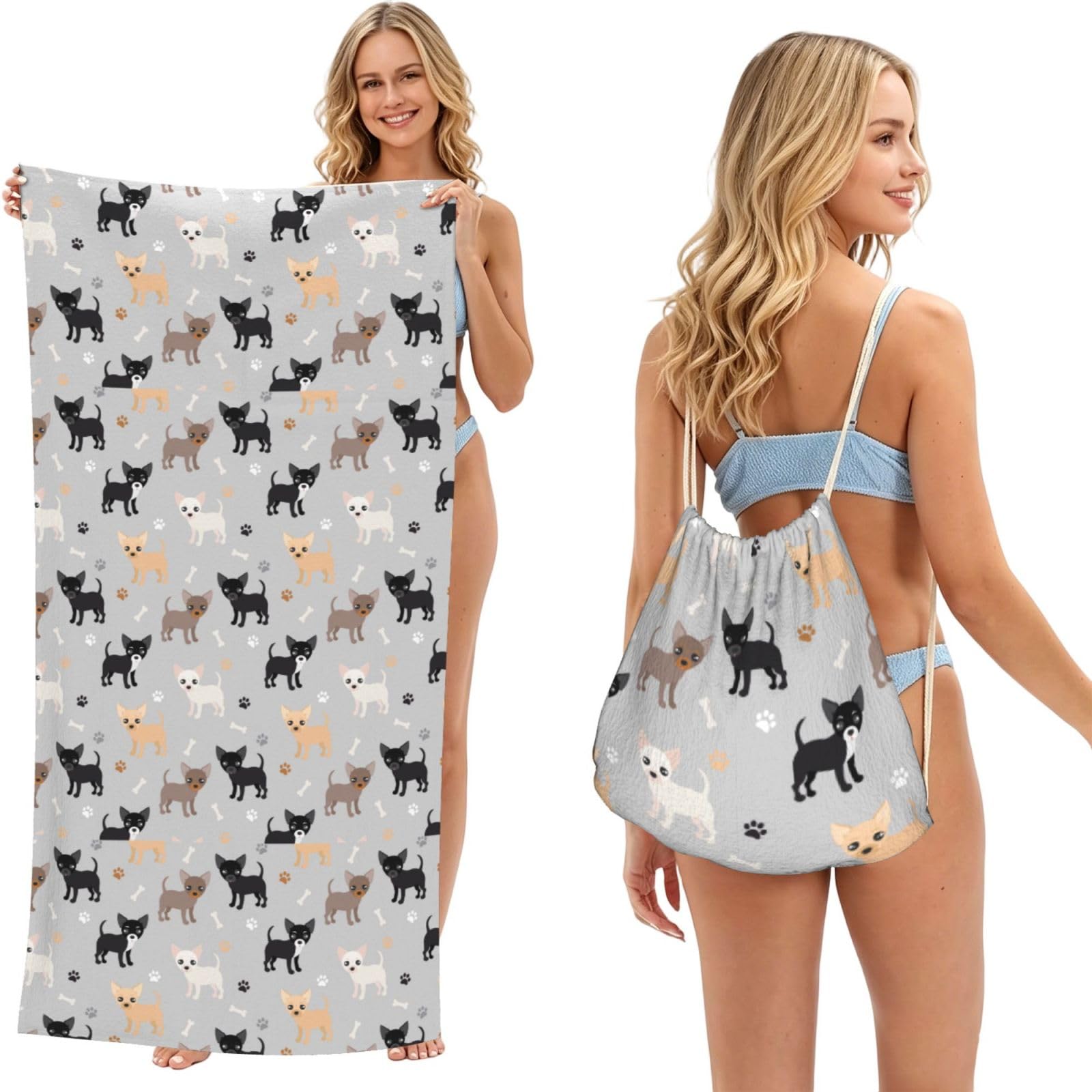 Poadnly As Picture Chihuahua Paws And Bones, 2 In 1 Packable Towel Bag, Beach Towels With Drawstring Backpack For Travel Holiday Camping