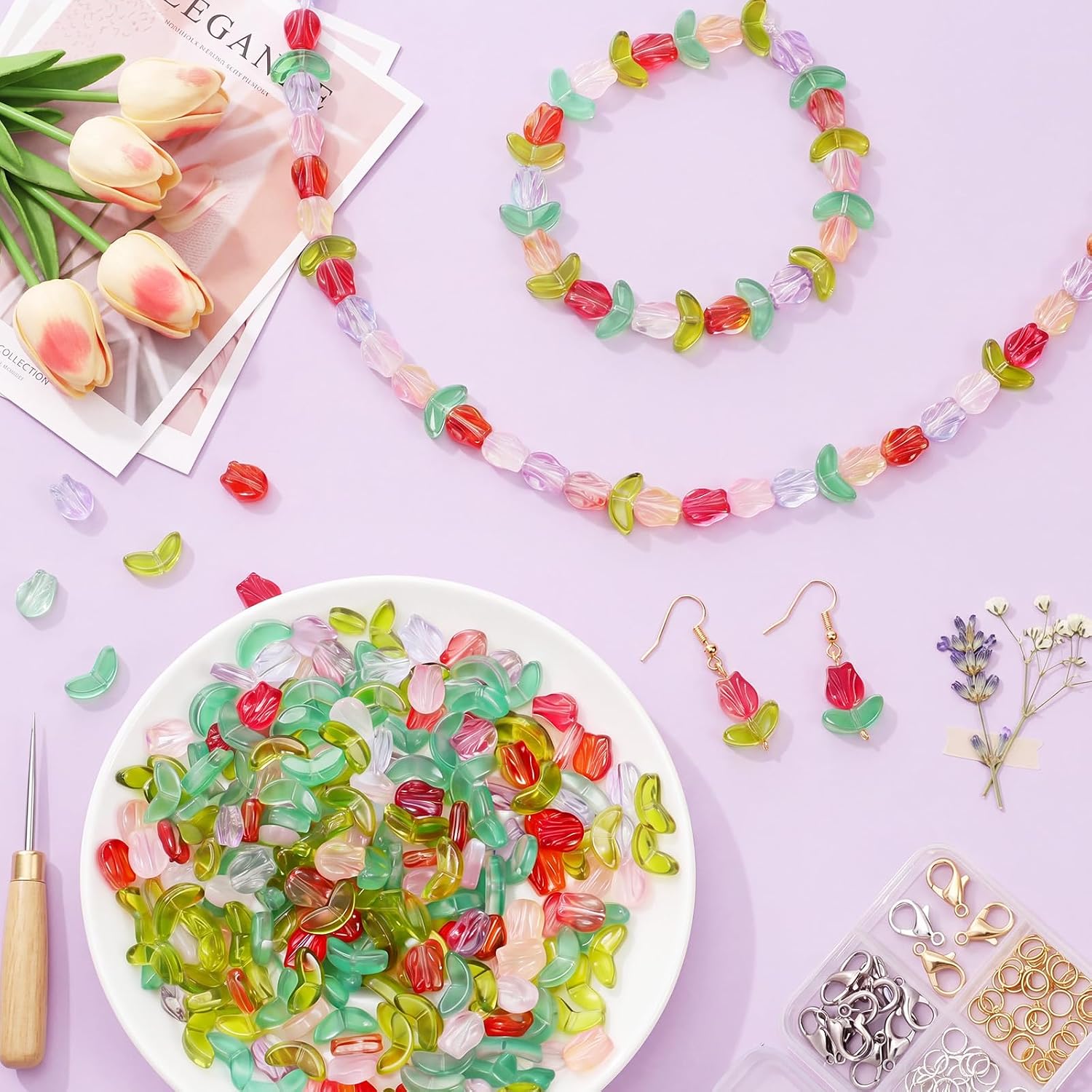 Huquary 320 Pcs Colorful Translucent Tulip Flower Beads Handcrafted Tulip Glass Spacer Bead Crystal Loose Glass Flower Beads for Jewelry Making Earring Bracelet DIY Craft Spring Summer Gifts (Bright) image 5