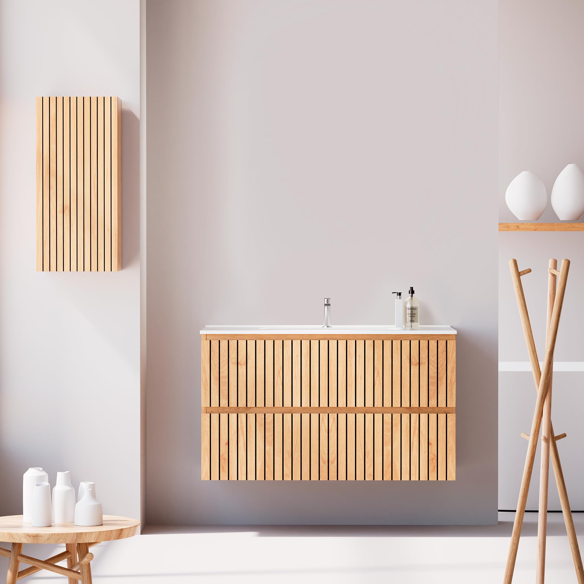 Conjunto Mueble Baño Tiger 100 cm Roble Nórdico con Encimera Cerámica Blanca Brillo, Lavabo Incluido, 2 Cajones Soft Close, Diseño Suspendido, Gran Almacenaje práctico y Funcional