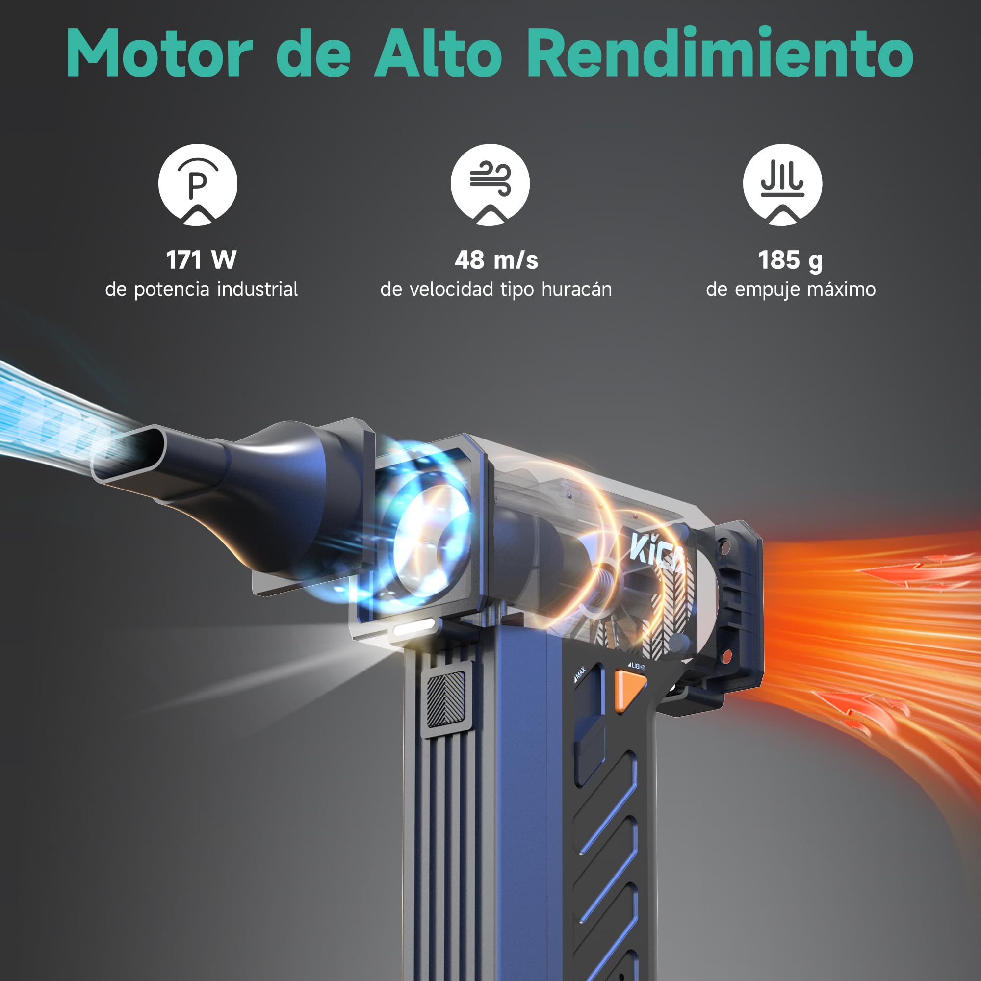 Kica JetFan Ultra Soplador Eléctrico & Alternativa a Aire Comprimido – 130.000 RPM, 48 m/s Velocidad de Viento, Recargable USB, para PC, Teclado, Auto, Sofá y Oficina con Luz LED